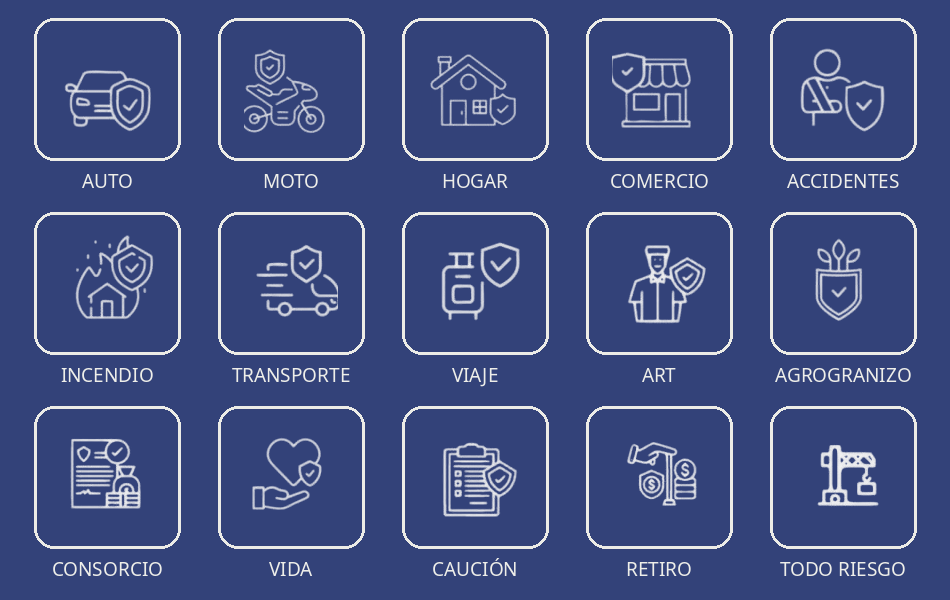 Seguros disponibles: auto, moto, hogar, comercio, accidentes, incendio, transporte, viaje, ART, agrogranizo, consorcio, vida, caución, retiro y todo riesgo