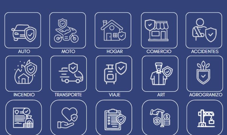 Seguros disponibles: auto, moto, hogar, comercio, accidentes, incendio, transporte, viaje, ART, agrogranizo, consorcio, vida, caución, retiro y todo riesgo